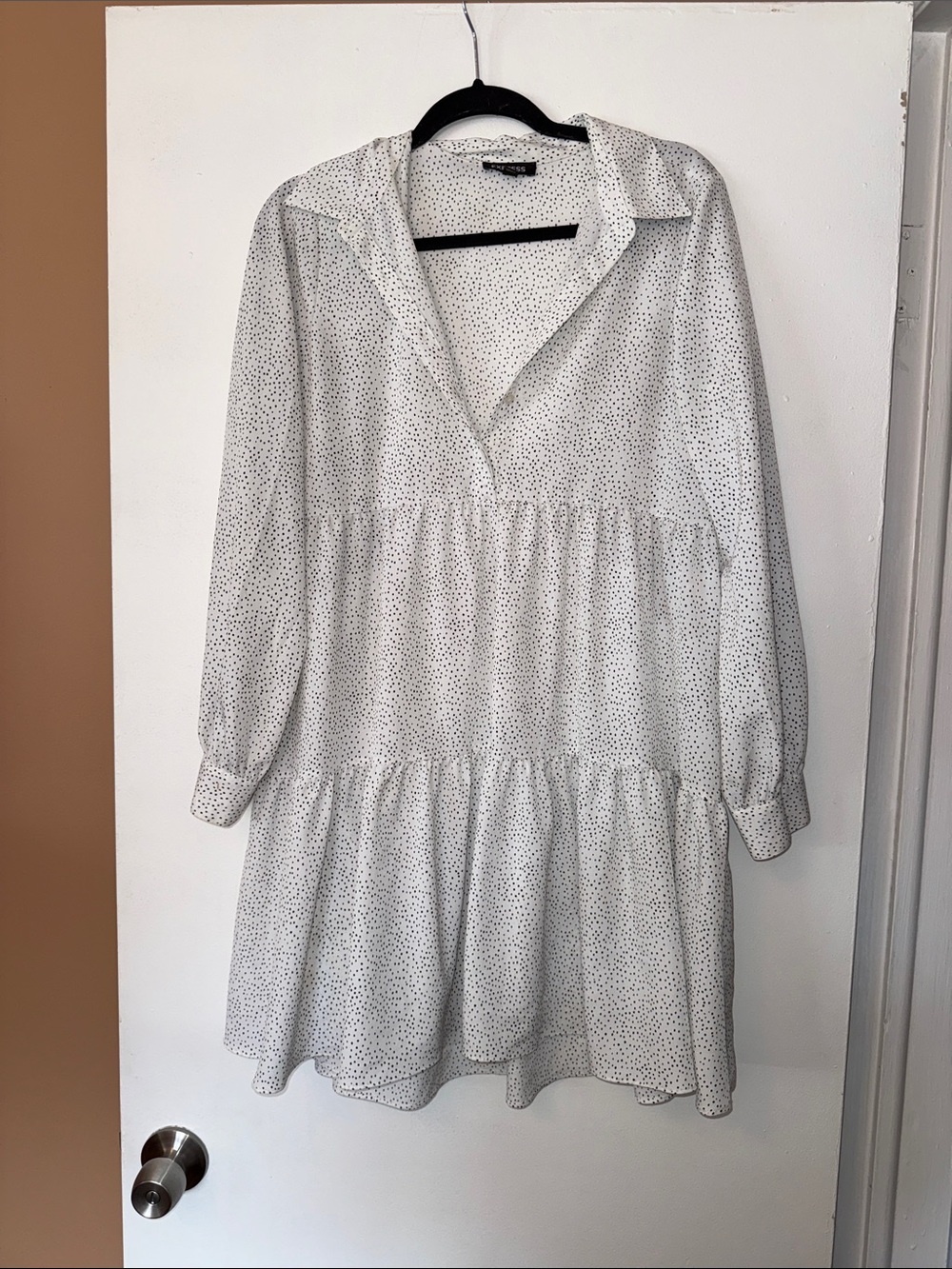 Express White Polka Dot Tiered Long Sleeve Dress